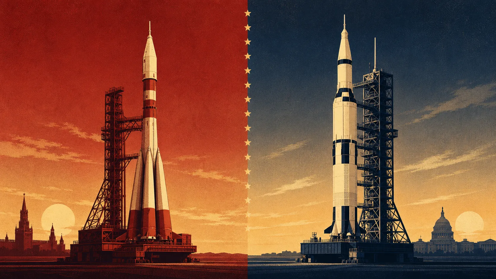 Split-frame editorial illustration showing a Soviet R-7 rocket on the left in red and gold next to a U.S. Saturn V on the right in navy and ivory, with a vertical band of stars between them