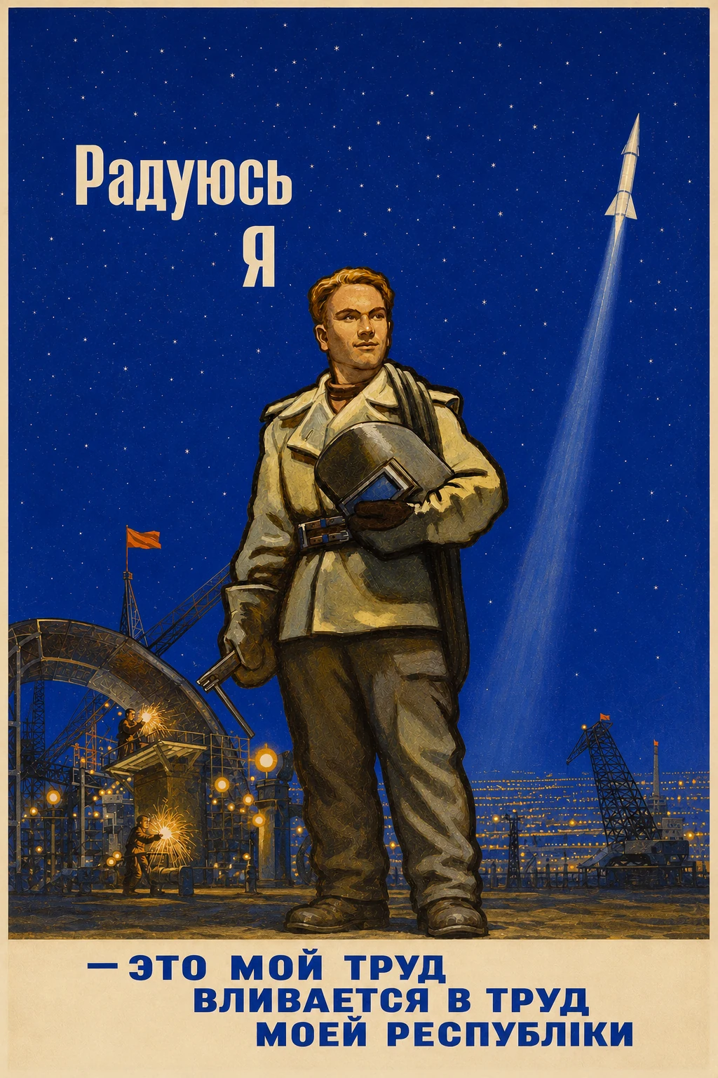 Portrait Soviet-style space poster. A welder carrying a mask and torch walks through a night factory while other workers weld below and a rocket rises through a deep blue starfield. Cream Cyrillic text reads РАДУЮСЬ Я, with the remaining slogan set in blue across the cream footer.