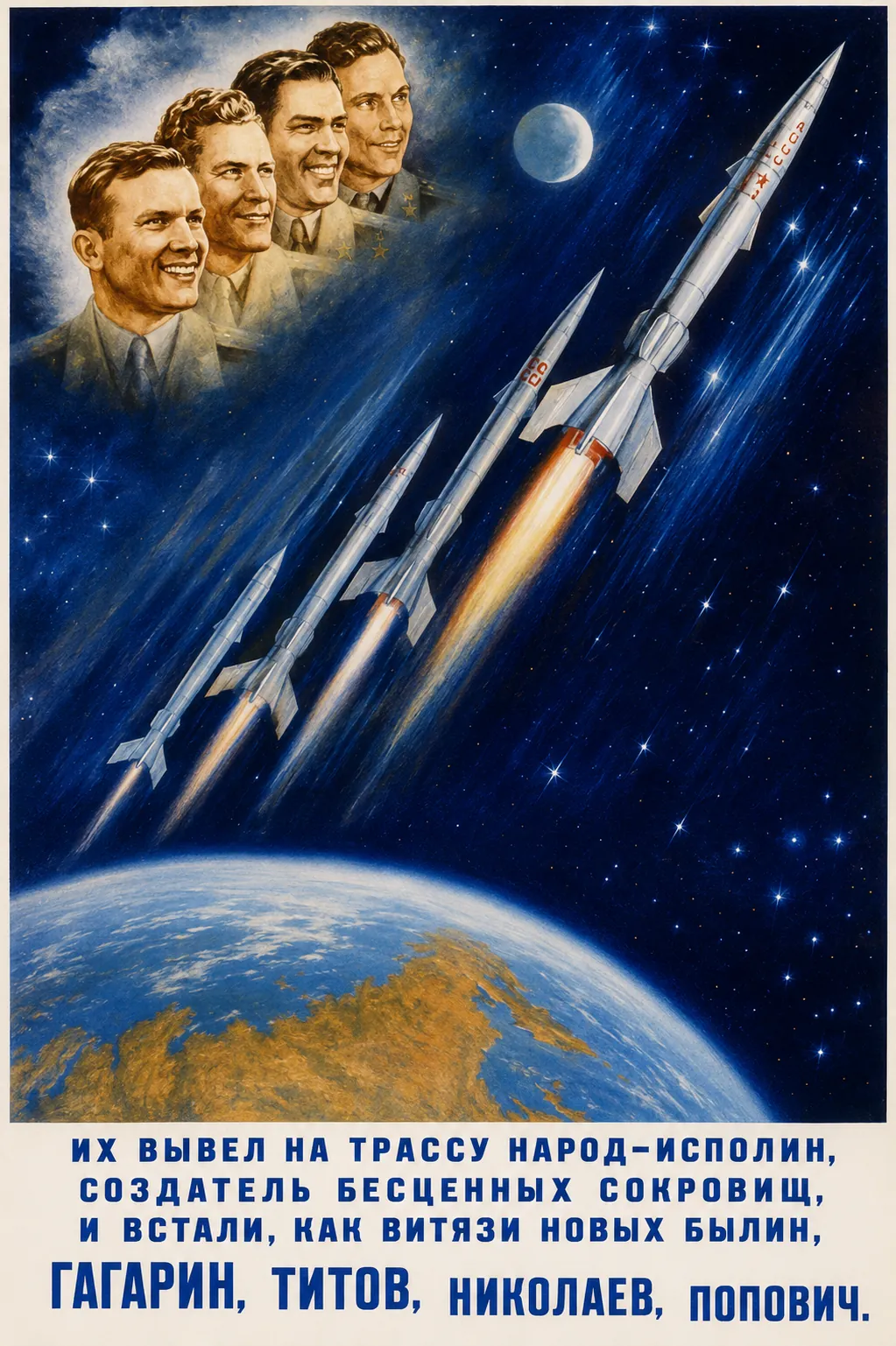 Soviet space propaganda poster in the visual idiom of 1958-1963. Group portrait of the four early Soviet cosmonauts - Gagarin, Titov, Nikolaev, Popovich - in heroic three-quarter view wearing CCCP pressure helmets against a red sunburst and starfield. Bottom Cyrillic text names them and declares them МОГУЧИЕ ВИТЯЗИ НАШИХ ДНЕЙ (Mighty Knights of Our Days).