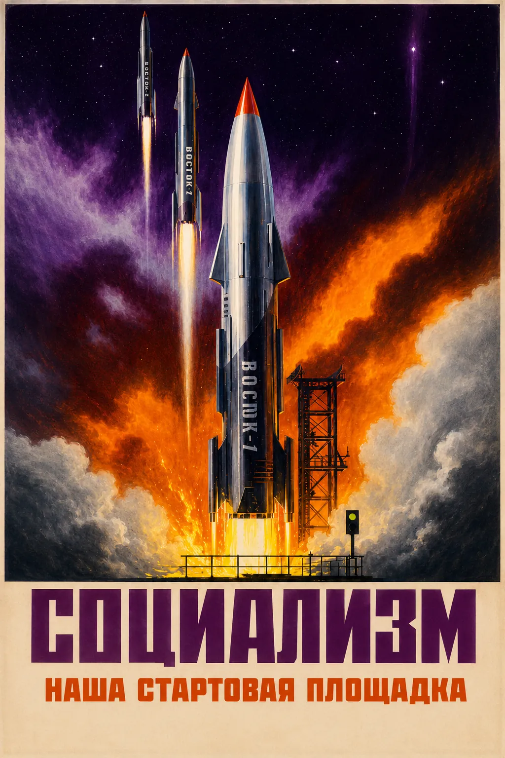 Soviet space propaganda poster in the visual idiom of 1958-1963. A rocket rises from a stylized launch pad/factory complex into a starfield. The Cyrillic slogan СОЦИАЛИЗМ — НАША СТАРТОВАЯ ПЛОЩАДКА (Socialism Is Our Launching Pad) frames the composition. Red, gold, and ivory palette.
