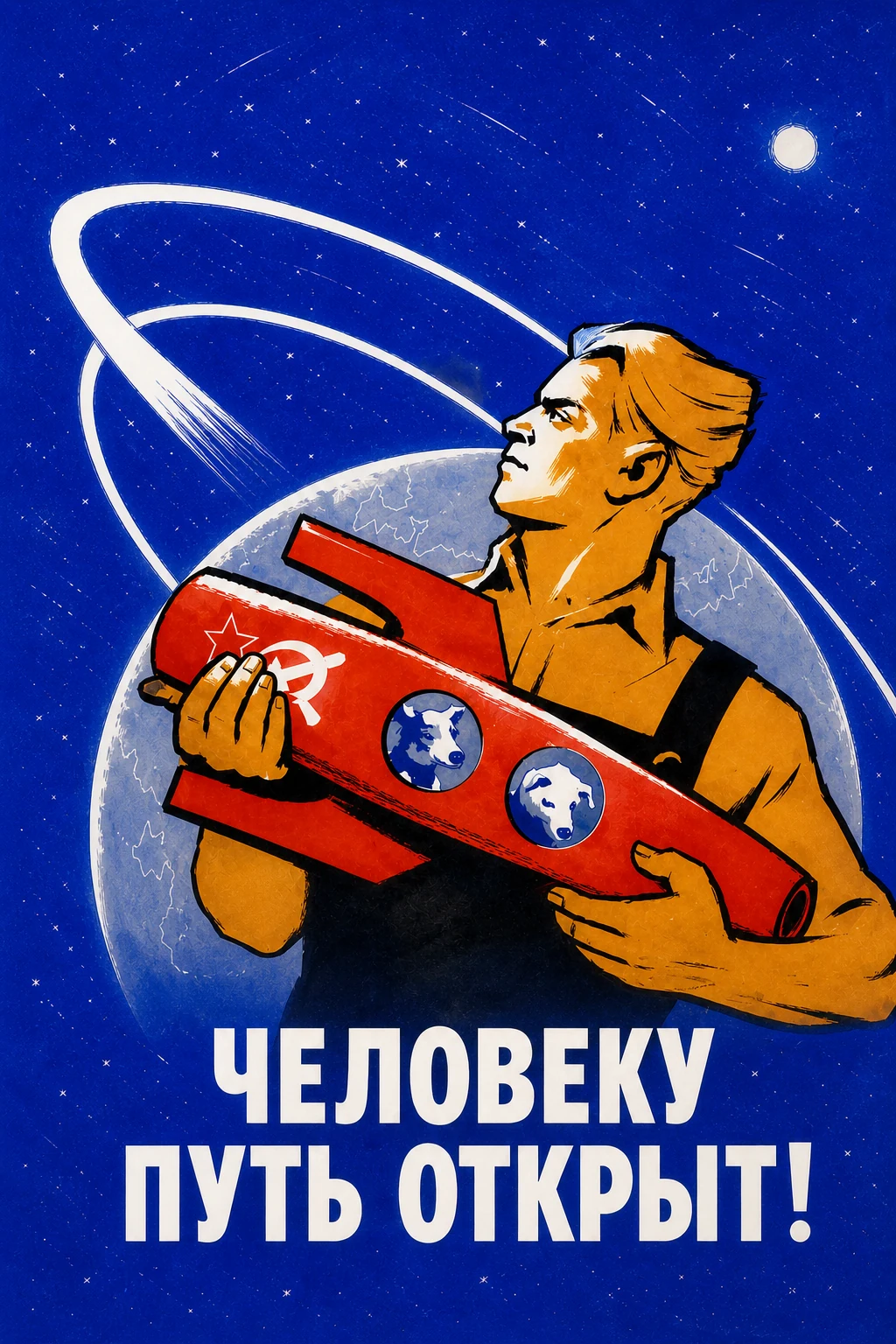 Portrait Soviet-style space poster. A young model builder holds a red rocket bearing two space-dog portraits and a hammer-and-sickle emblem. White orbital trails sweep around a pale globe against a cobalt starfield. Cyrillic text at the bottom reads ЧЕЛОВЕКУ ПУТЬ ОТКРЫТ! (The Way Is Open for Man).