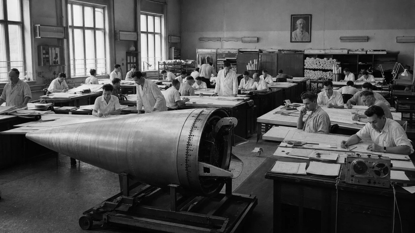 Soviet rocket design bureau in the late 1950s with engineers at drafting tables and a partially-assembled rocket nose cone in the foreground